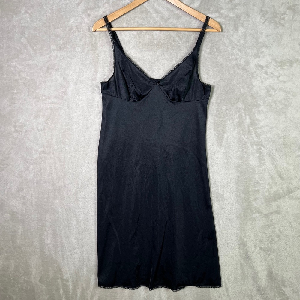 Vintage Vassarette Slip Dress 34 Black Lace Lingerie Lace Trim Made USA